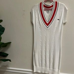 Lacoste sport white 100% cotton, short sleeve, dress with red and blue V-neck